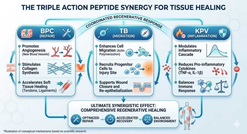 Molecular signaling diagram of BPC-157, TB-500, and KPV tri-peptide synergy.