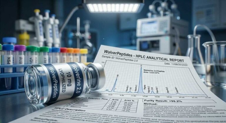 Wolverine 2.0 Peptide Blend 20mg vial with HPLC purity verification in a professional laboratory setting.